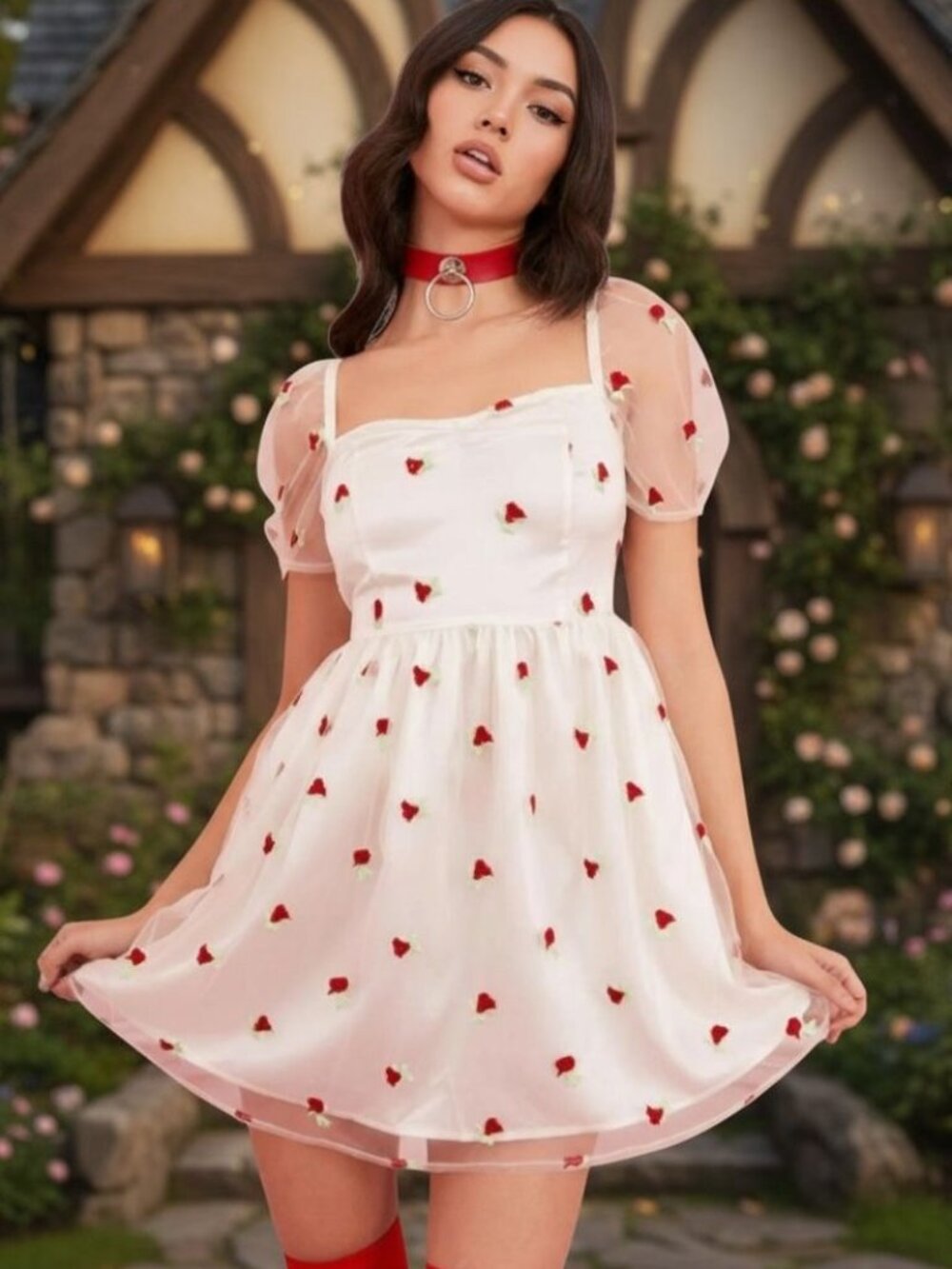 Sugarthrillz Forever Yours Babydoll Dress White Mesh Red Roses Floral M